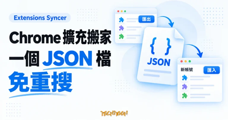 TechMoon 精選圖｜Extensions Syncer 將 Chrome 擴充清單匯出為 JSON 檔，再匯入新帳號的概念示意