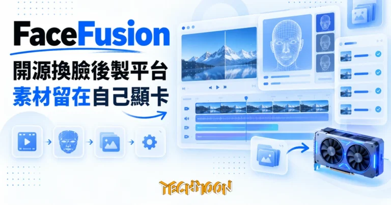 TechMoon 精選圖｜開源換臉後製平台的概念視覺：影片時間軸編輯面板與臉部模型卡在藍色編輯風格中批次處理，素材留在本機顯卡