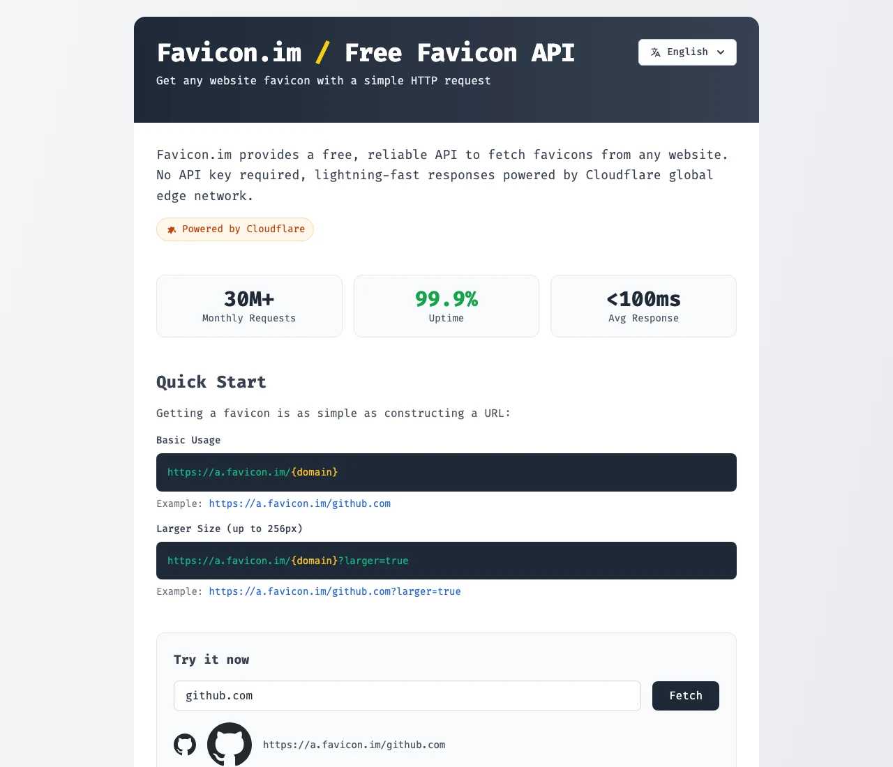 favicon.im 實測:一條網址抓任何網站圖示,抓不到有三條退路 3 favicon.im 的 API 文件頁,列出基本用法、參數表與程式碼範例,並附有即時測試區
