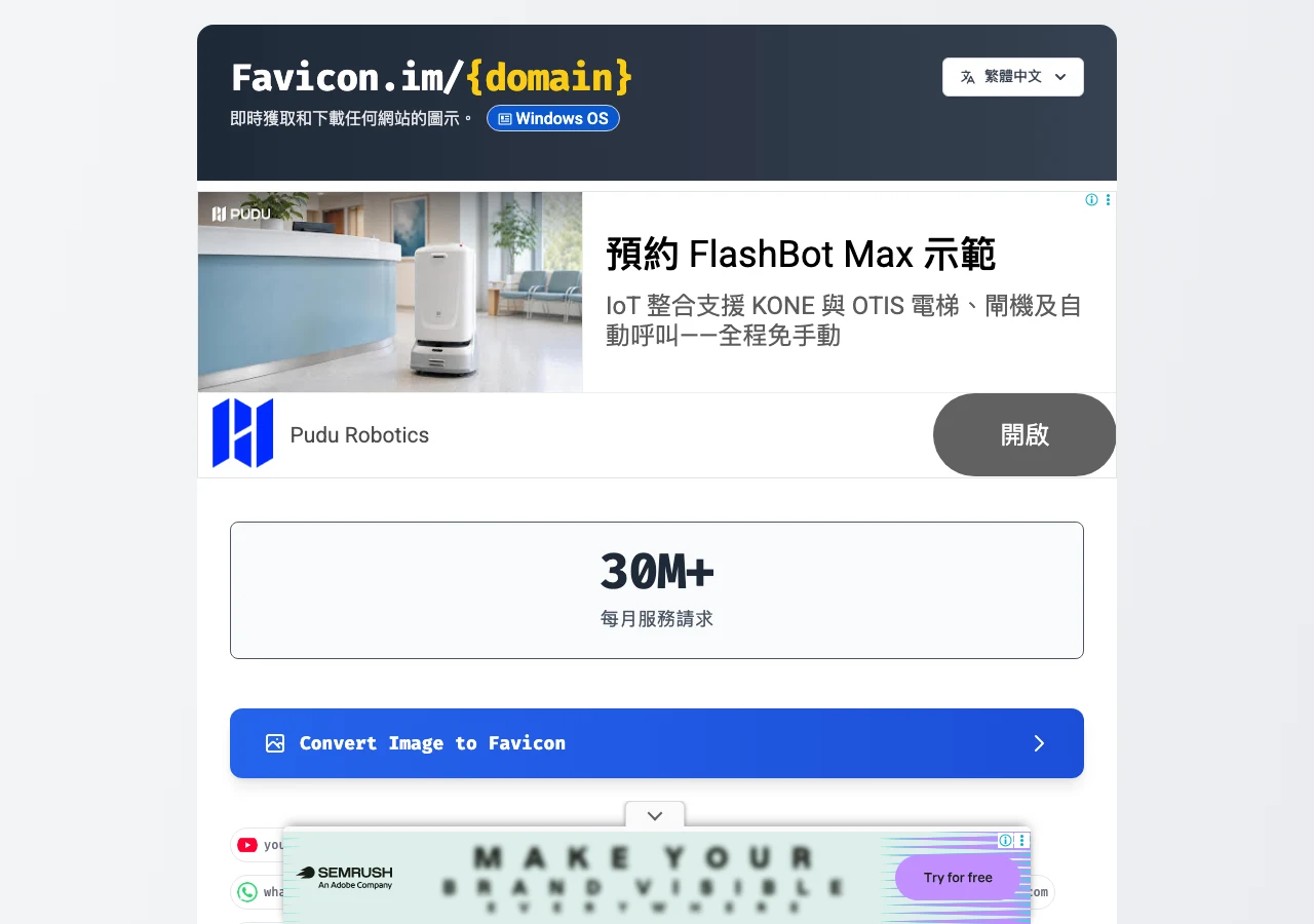 favicon.im 實測:一條網址抓任何網站圖示,抓不到有三條退路 2 favicon.im 繁體中文版首頁,中央為網域輸入框,下方列出熱門網域圖示與 30M+ 每月請求統計