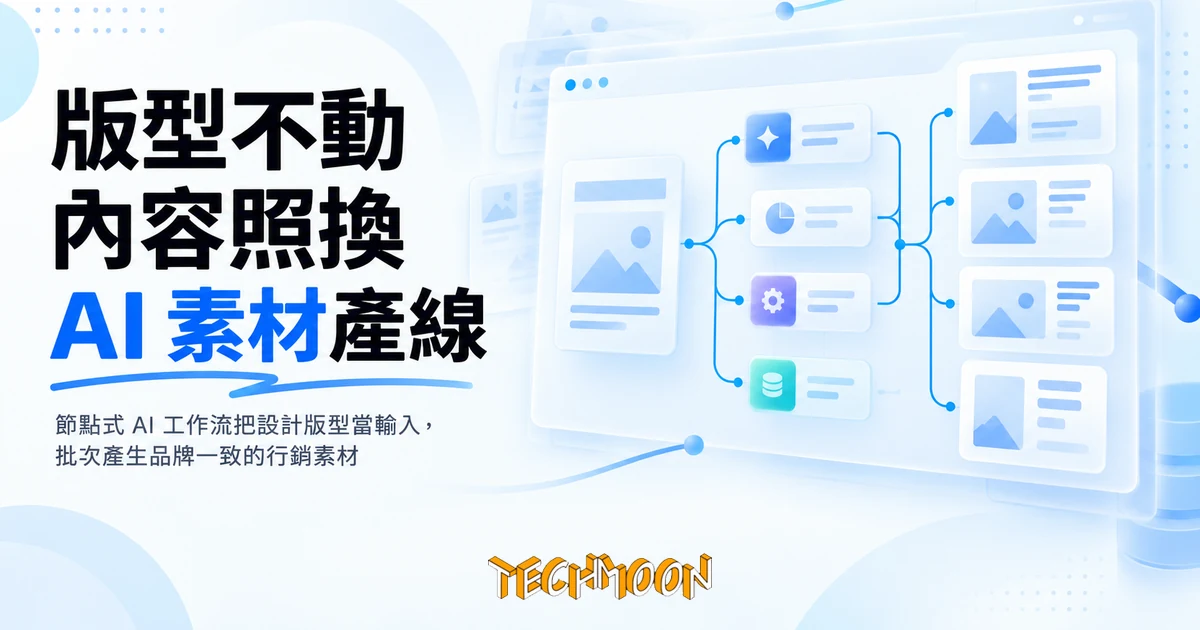 Figma Weave 把 Figma 版型接進 AI 工作流,換內容不換版面 1 TechMoon 精選圖|節點式 AI 工作流把設計版型當輸入,批次產生品牌一致的行銷素材