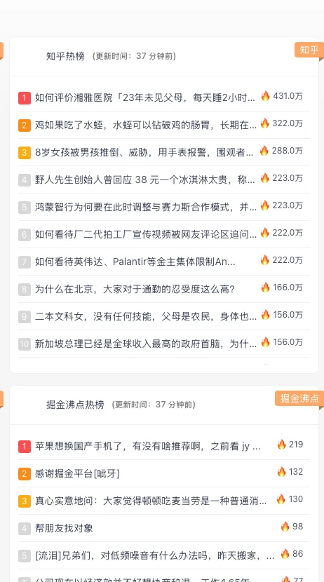 摸魚島開源摸魚儀表板:把熱榜、待辦和五子棋收進一頁 2 摸魚島官網首頁的熱榜牆截圖:知乎熱榜與掘金沸點兩個欄位並列,各條目標示熱度數字與排名,欄位標題註明更新時間