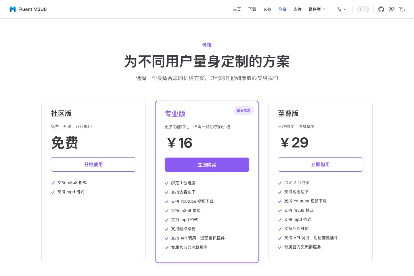 Fluent M3U8 官方網站價格頁截圖，顯示社群版免費、專業版與至尊版三種方案的價格與功能清單