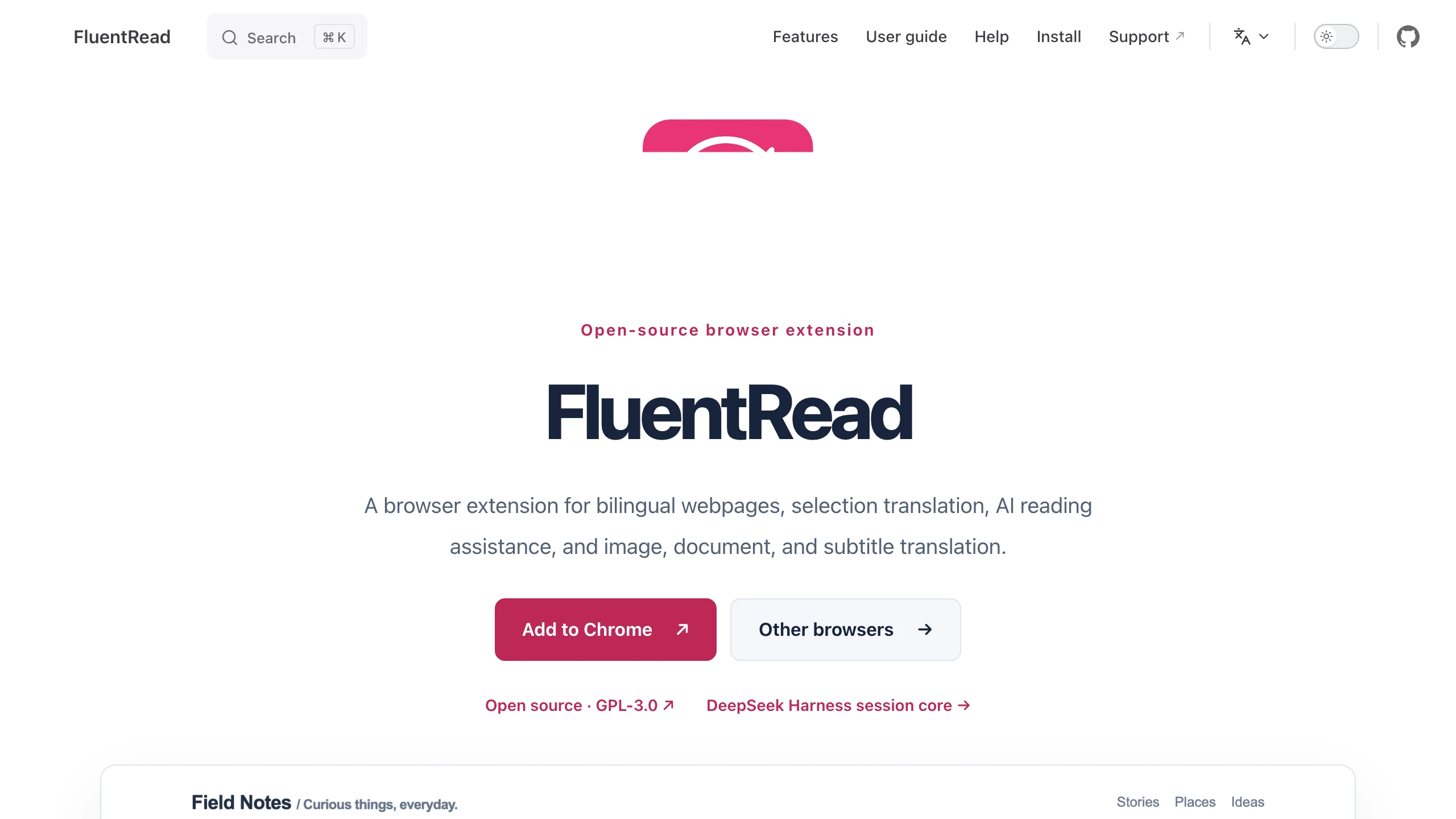 FluentRead 官方網站首頁，開源雙語翻譯擴充功能與各瀏覽器安裝入口