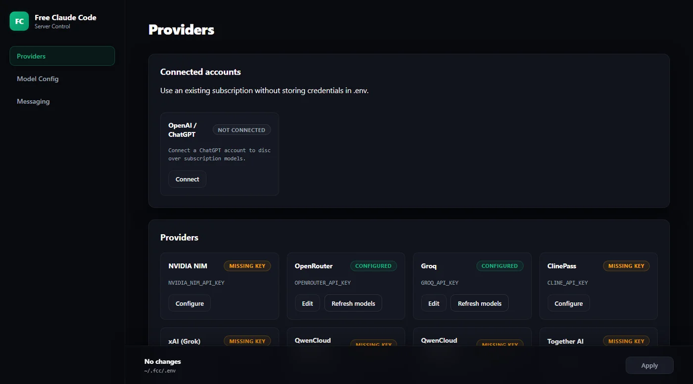 讓 Claude Code 自由切換模型的開源路由器 Free Claude Code 4 Free Claude Code 的 Admin 管理介面,供應商設定頁面