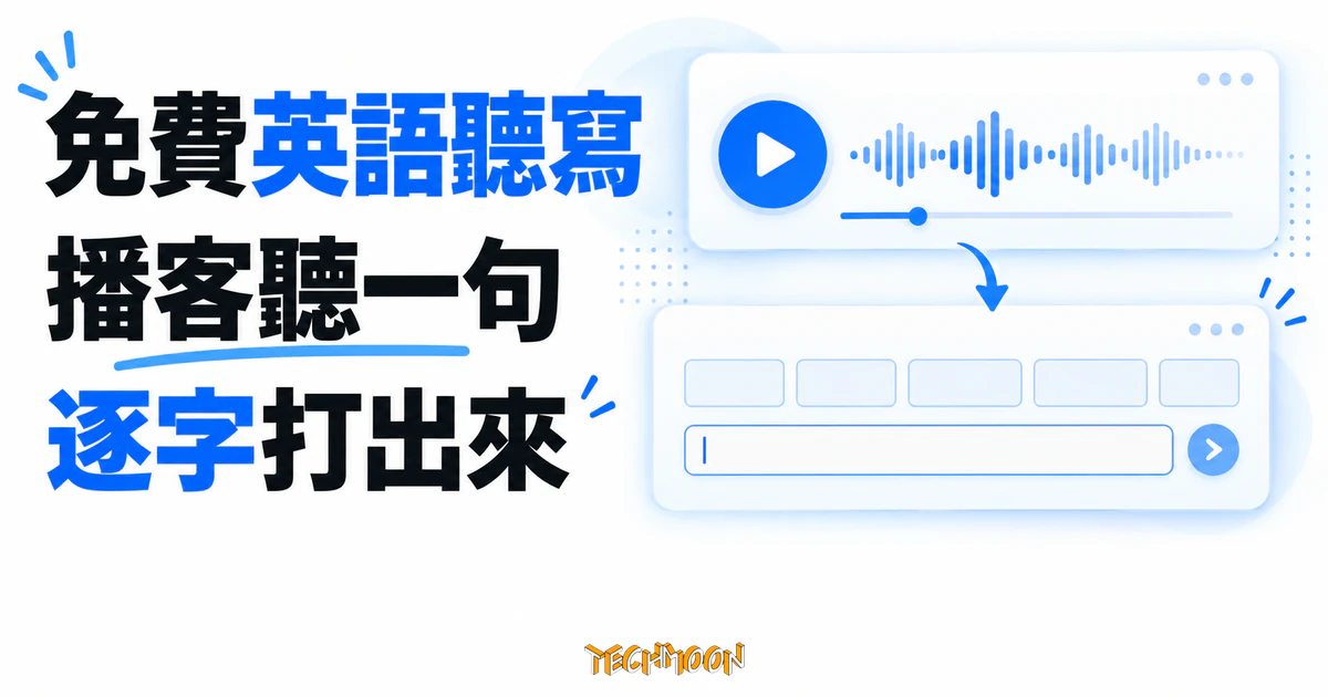 音客 InkerSpeak 免費英語聽寫網站,每天多少人上線都查得到 1 TechMoon 精選圖|免費英語聽寫網站以播客語音搭配逐字輸入練習的概念畫面。