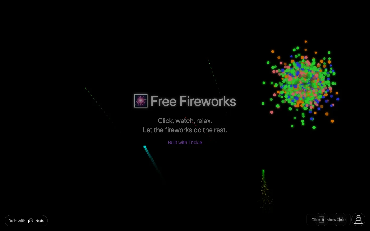Free Fireworks 免費線上放煙火,點擊即放附音效與自動模式 2 Free Fireworks 六種型態煙火同時施放的實測畫面,球形爆炸與上升火箭軌跡並存