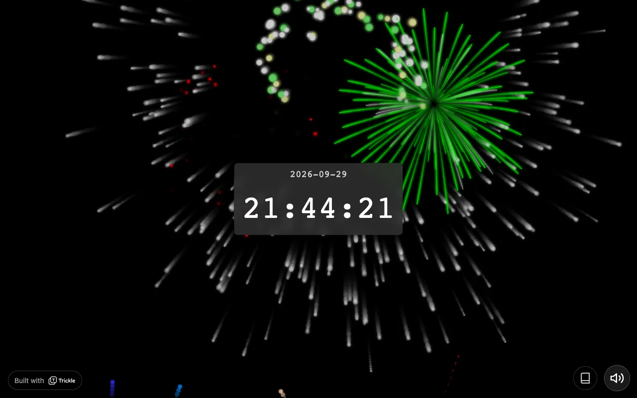 Free Fireworks 免費線上放煙火,點擊即放附音效與自動模式 4 Free Fireworks 設定面板實測畫面,顯示即時日期時間與時制、日期格式、煙火速度等選項