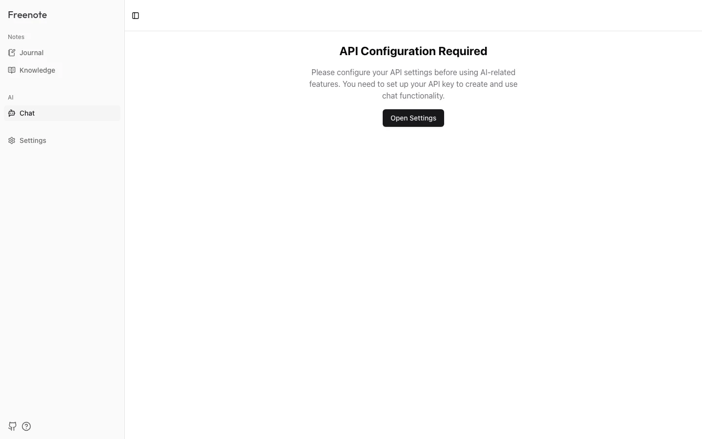 Freenote 開源 AI 日記實測,日記留在瀏覽器、AI 用你的金鑰 3 Freenote 的 Chat 頁在未設定 API 金鑰時顯示 API Configuration Required
