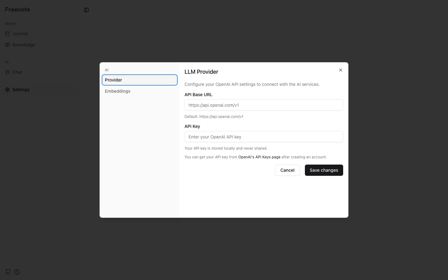 Freenote 開源 AI 日記實測,日記留在瀏覽器、AI 用你的金鑰 4 Freenote 設定頁的 LLM Provider 畫面:API Base URL 與 API Key 欄位