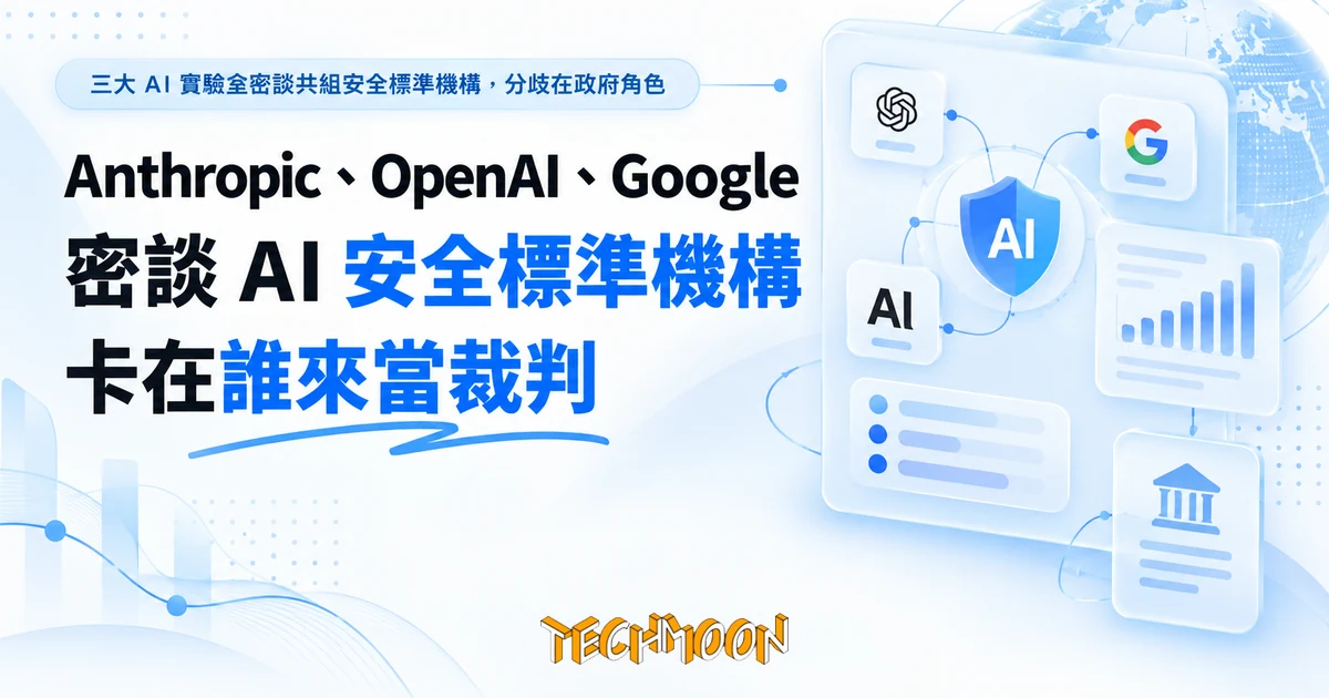 Anthropic、OpenAI、Google 密談 AI 安全標準機構,卡在誰當裁判 1 TechMoon 精選圖|三大 AI 實驗室密談共組安全標準機構,分歧在政府角色