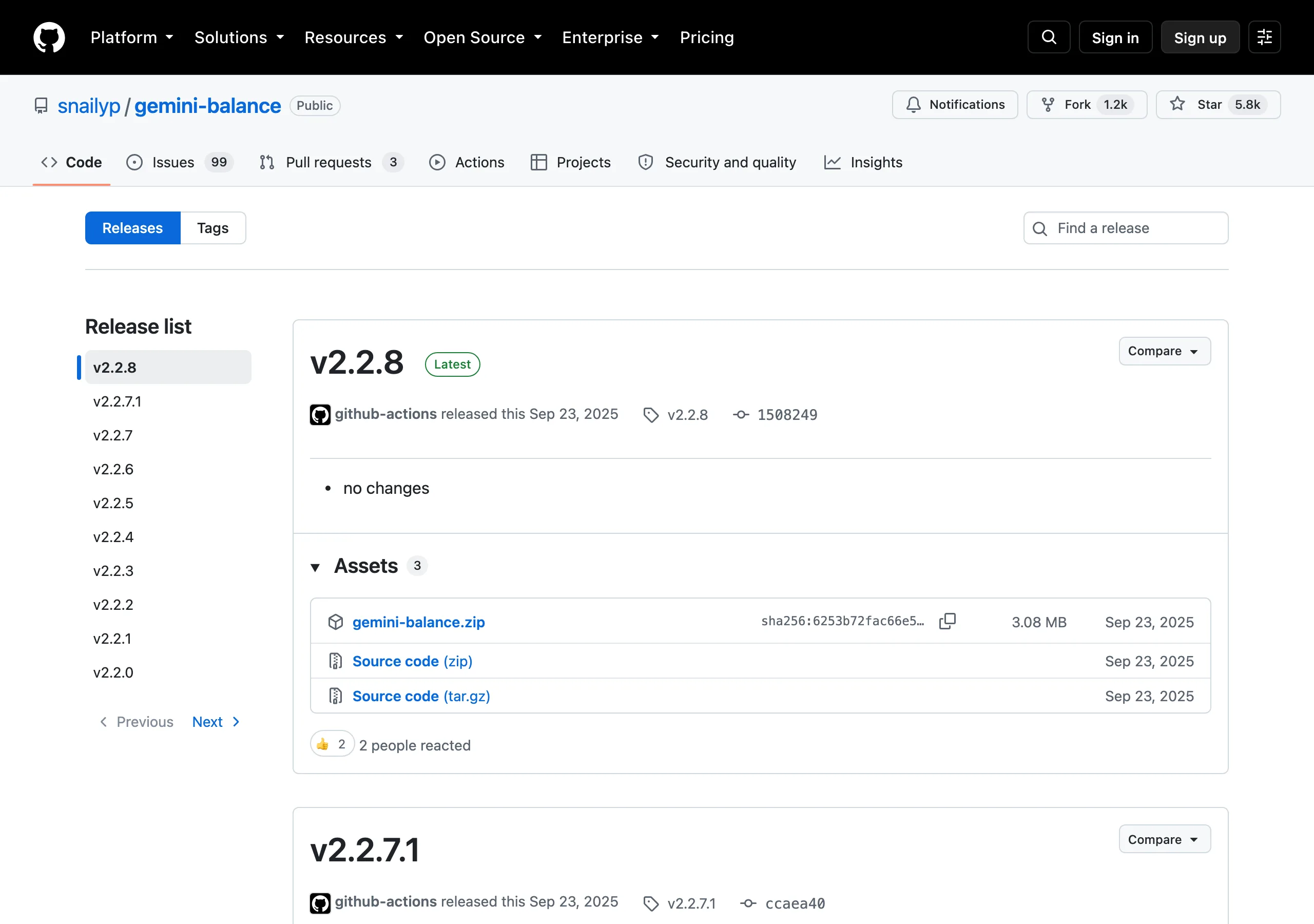 Gemini Balance:將多把 Gemini 金鑰輪詢成一個穩定端點 3 TechMoon 內文截圖:Gemini Balance 的 GitHub Releases 頁面,最新版本 v2.2.8 標記為 Latest