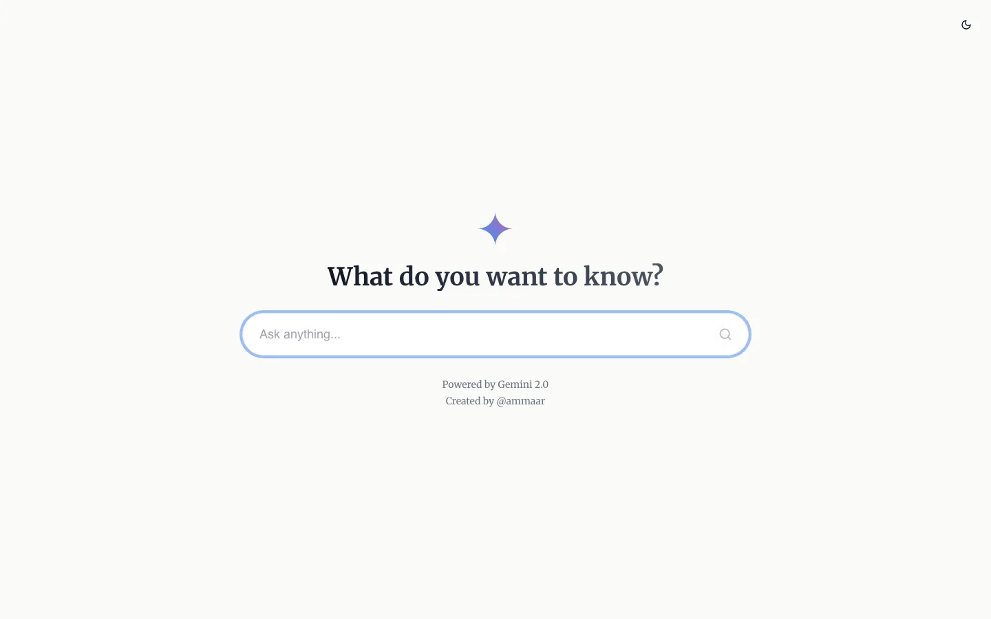 Gemini Search:開源自架你的 Perplexity 風格 AI 搜尋引擎 2 Gemini Search 開源 AI 搜尋引擎首頁,紫色星芒圖示與提問輸入框的極簡介面