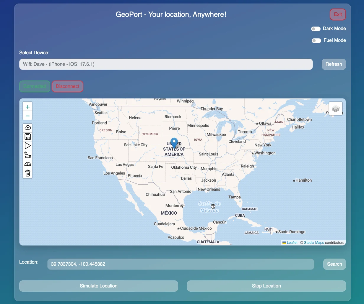 GeoPort 開源 iOS 虛擬定位工具,把 iPhone 位置改到任何城市 2 GeoPort 4.0 主畫面:左側為地圖與搜尋框,右側為裝置連線區與 Simulate Location 按鈕