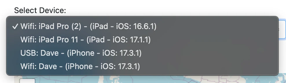 GeoPort 開源 iOS 虛擬定位工具,把 iPhone 位置改到任何城市 3 GeoPort 的 Wi-Fi 裝置搜尋畫面,清單列出可無線連線的 iOS 裝置