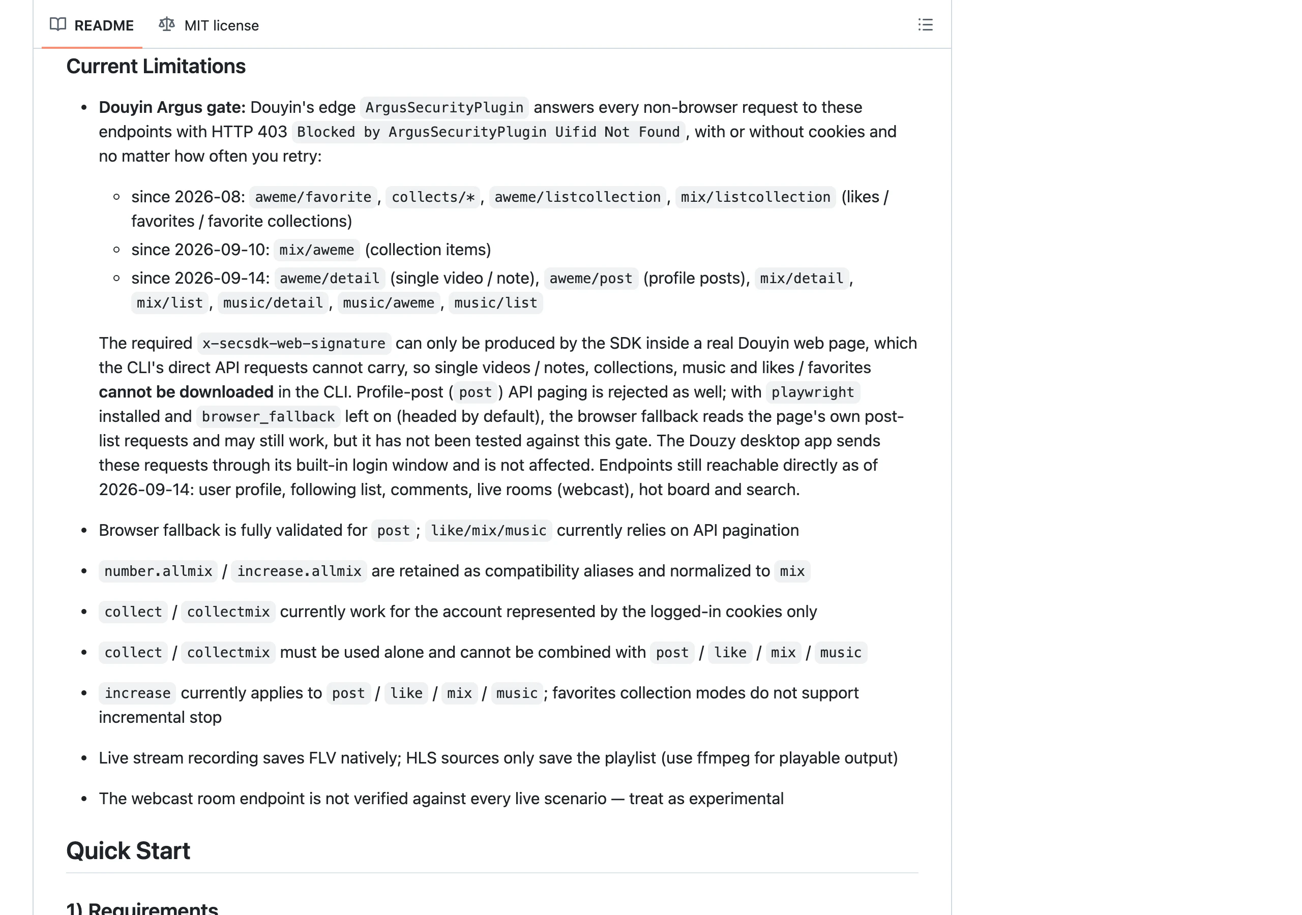 DouYin Downloader 官方 README 的 Current Limitations 限制說明段落，記錄抖音 ArgusSecurityPlugin 對非瀏覽器請求一律回 403 的封鎖時間線