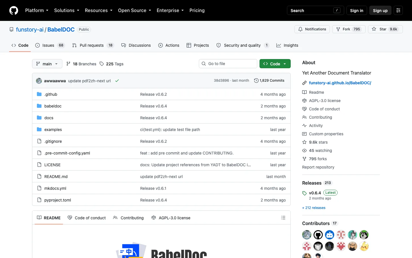BabelDOC 開源 PDF 翻譯:先分清引擎、線上版與自架三條路 2 GitHub 上的 funstory-ai/BabelDOC 開源倉庫頁面