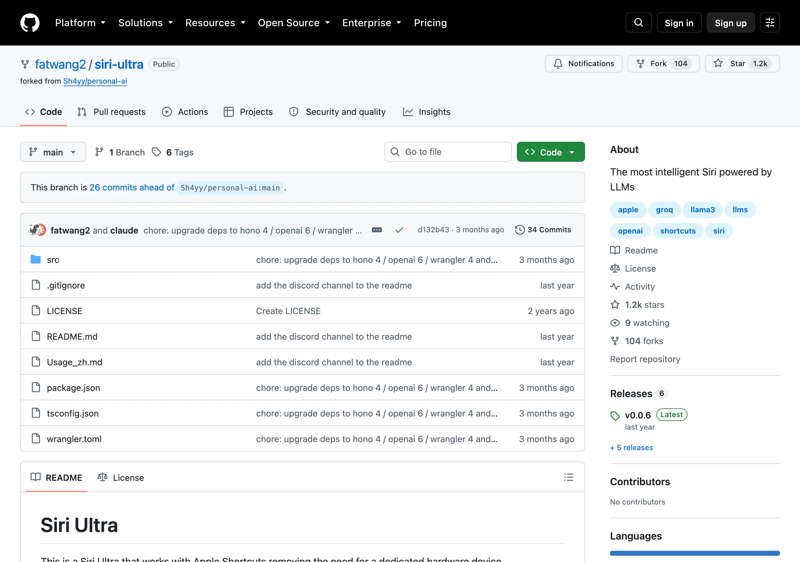fatwang2/siri-ultra 的 GitHub 專案頁面，顯示星數與說明文件
