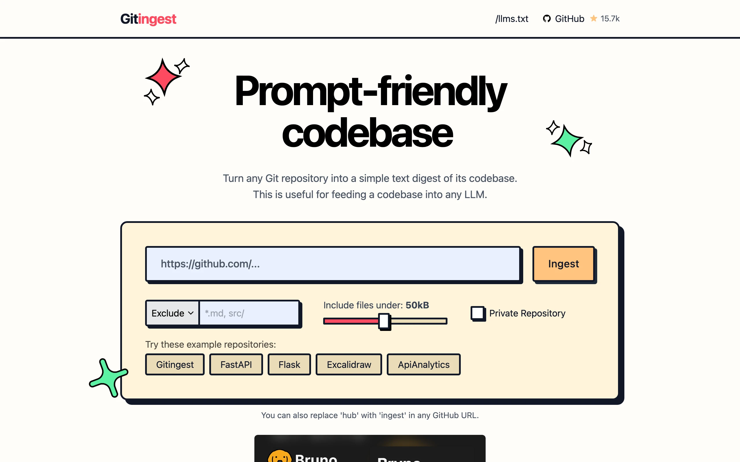 GitIngest 開源實測:儲存庫變 LLM 純文字,私有專案走本機 CLI 2 GitIngest 官網首頁畫面,包含儲存庫網址輸入框、Ingest 按鈕、檔案大小滑桿與範例儲存庫按鈕