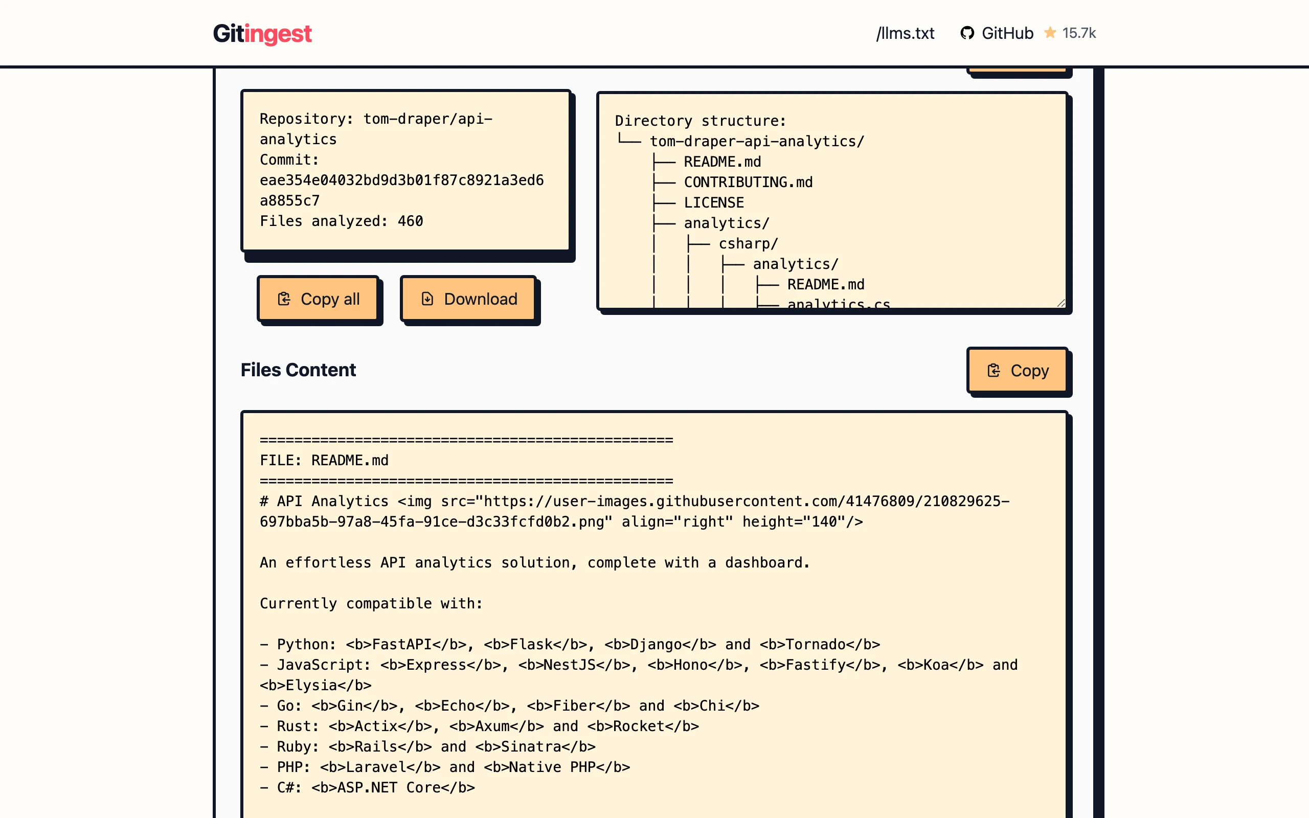 GitIngest 開源實測:儲存庫變 LLM 純文字,私有專案走本機 CLI 3 GitIngest 提取結果頁畫面,顯示統計摘要、Directory structure 目錄樹與 Files Content 逐檔內容區塊