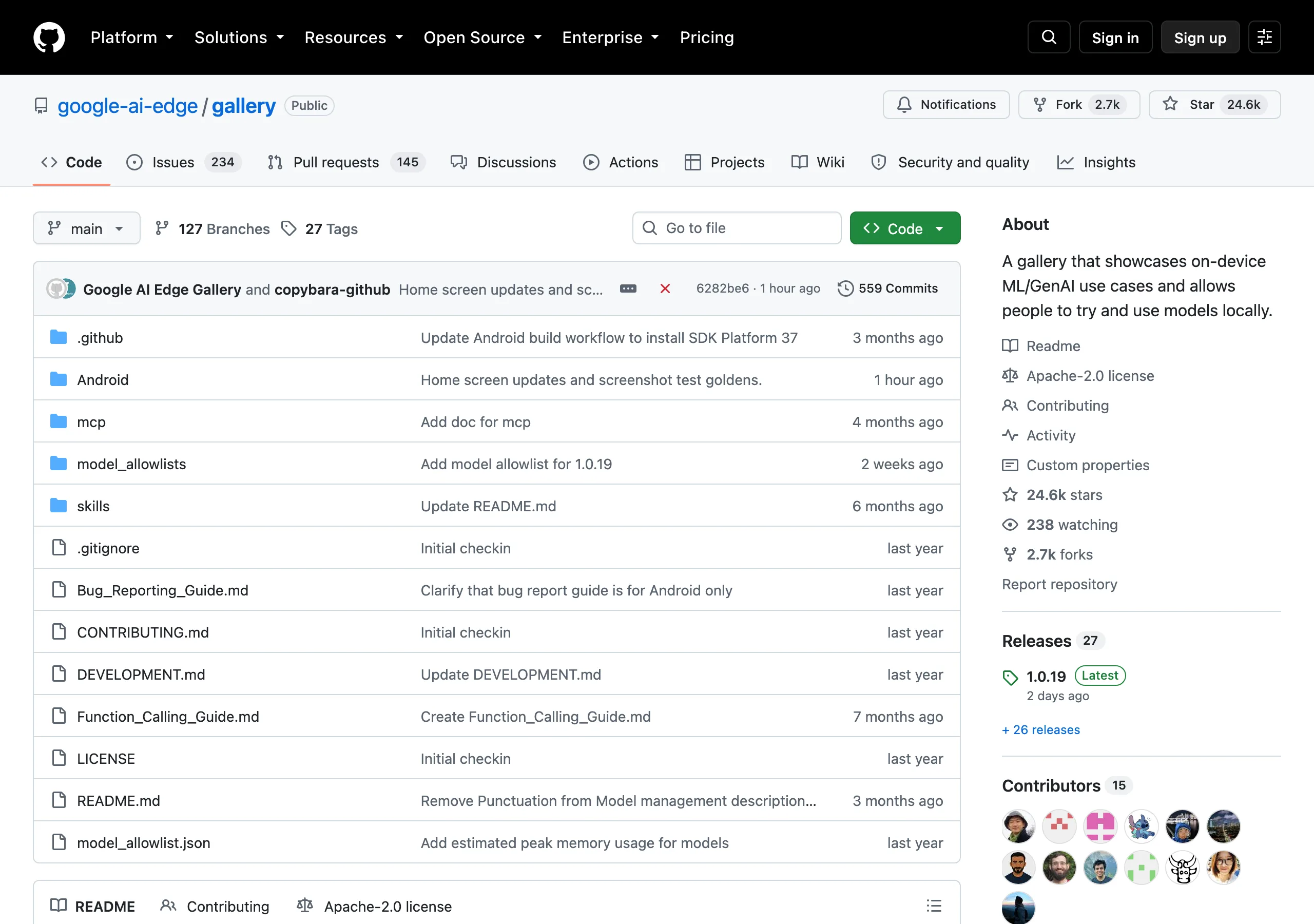 手機離線跑 LLM 的 Google 開源工具 AI Edge Gallery 先看清再裝 2 AI Edge Gallery GitHub 專案頁,顯示 24.6k 星與 Apache-2.0 授權