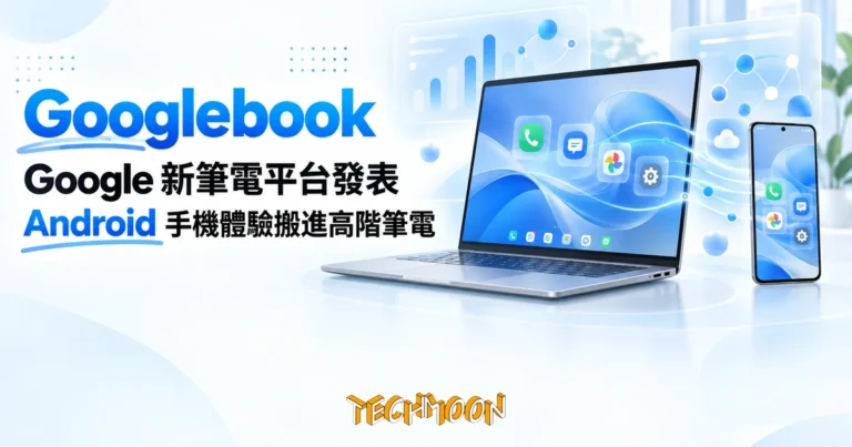 TechMoon 精選圖｜一台現代極簡風格的銀色高階筆記型電腦，旁邊放著一支 Android 智慧型手機，螢幕之間有發光的連線與抽象 AI 光點特效，乾淨的深藍漸層背景，科技感插畫風格