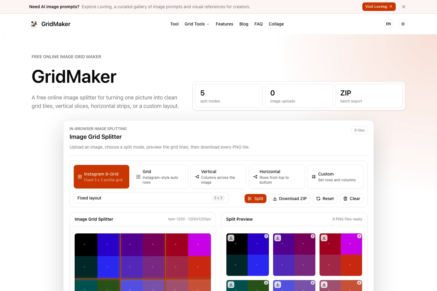 GridMaker 免費圖片分割工具實測,一張圖切出 Instagram 九宮格 3 GridMaker 分割結果預覽截圖,右側顯示 Instagram 九宮格模式切出的九張 PNG 切片