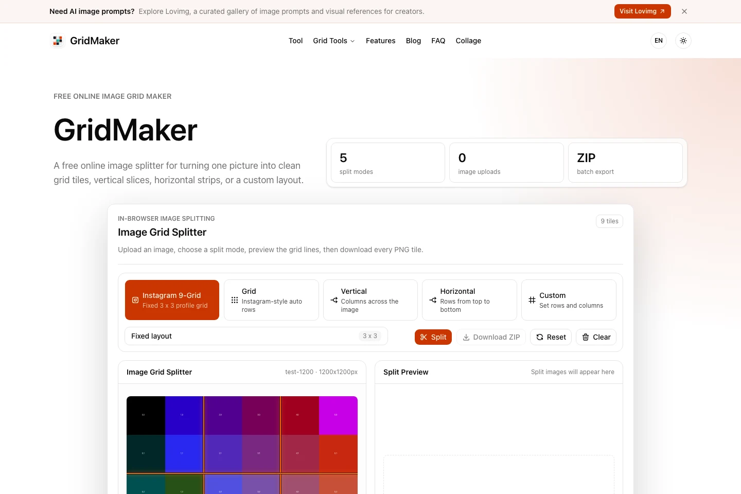 GridMaker 免費圖片分割工具實測,一張圖切出 Instagram 九宮格 2 GridMaker 網頁介面截圖,圖片載入後顯示尺寸,切割模式面板列出五種模式