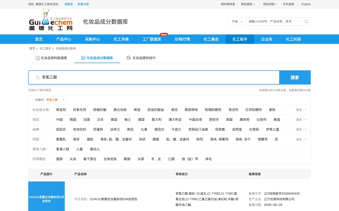 蓋德化妝品成分資料庫:免費反查 150 萬筆商品的成分與備案 3 蓋德化妝品成分資料庫搜尋苯氧乙醇的結果頁,顯示共找到 436,223 筆記錄、當前顯示前 400 筆,左側有地區、品牌、劑型、使用人群、作用部位篩選器