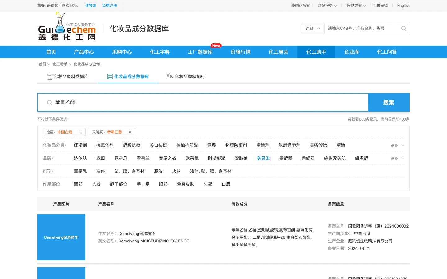 蓋德化妝品成分資料庫:免費反查 150 萬筆商品的成分與備案 4 蓋德化妝品成分資料庫地區篩選台灣後的結果頁,顯示共找到 688 筆記錄,地區條件為中國台灣,關鍵詞苯氧乙醇,品牌清單包含達爾膚、森田、霓淨思等台灣品牌