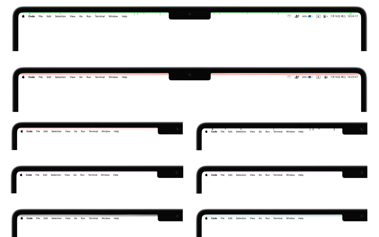 HaloStrip 在 Mac App Store 的官方截圖，多台 MacBook 頂端選單列顯示彩色光帶效果