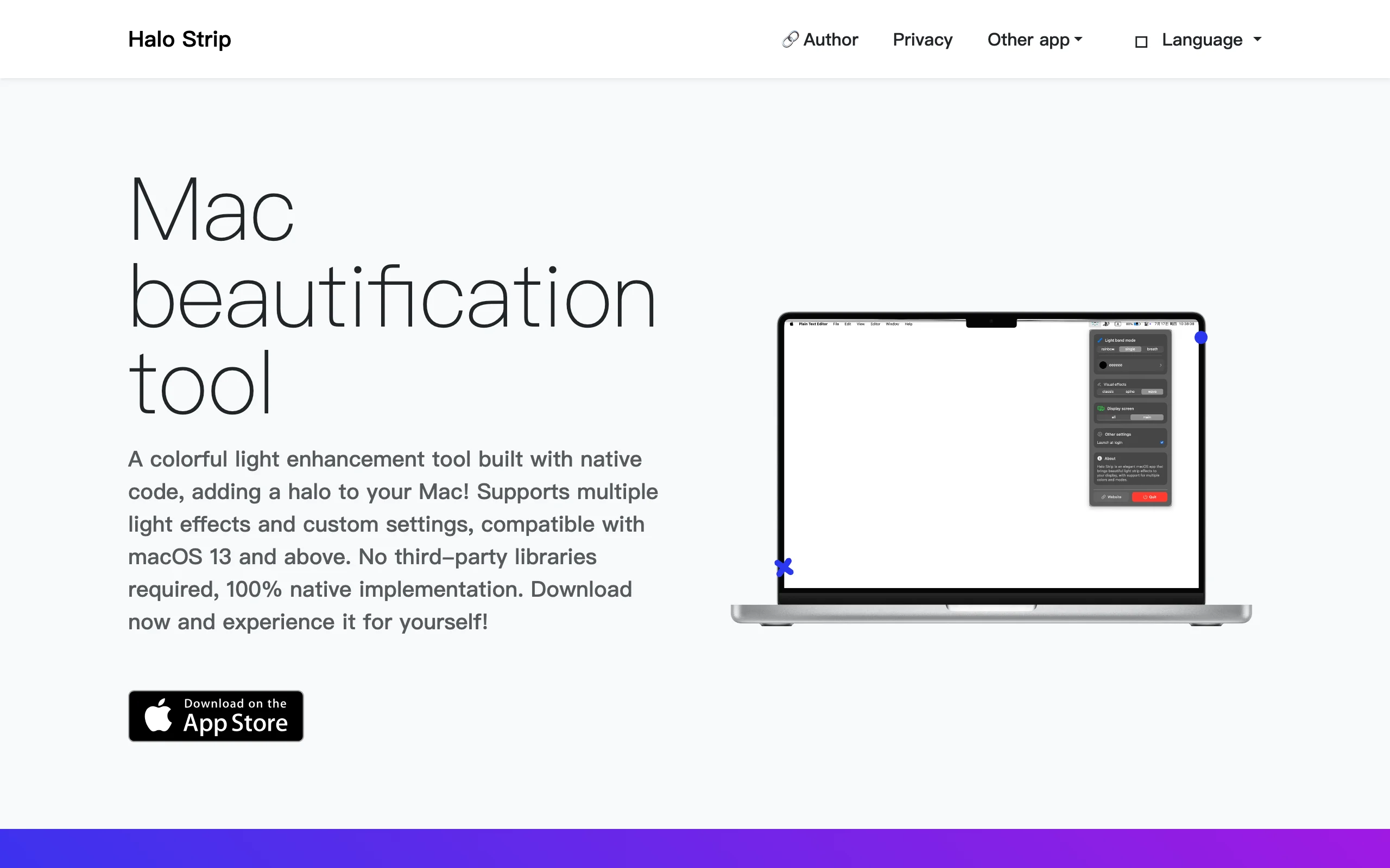 HaloStrip 官方網站首頁，左側為介紹文字與 App Store 下載按鈕，右側為 MacBook 光帶展示