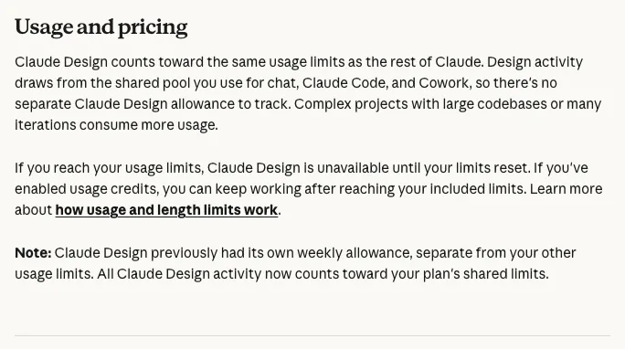 Claude 說明中心 Usage and pricing 段落，說明設計活動與聊天、Claude Code、Cowork 共用方案共享額度池，附註載明先前的獨立每週額度已改為共享限制