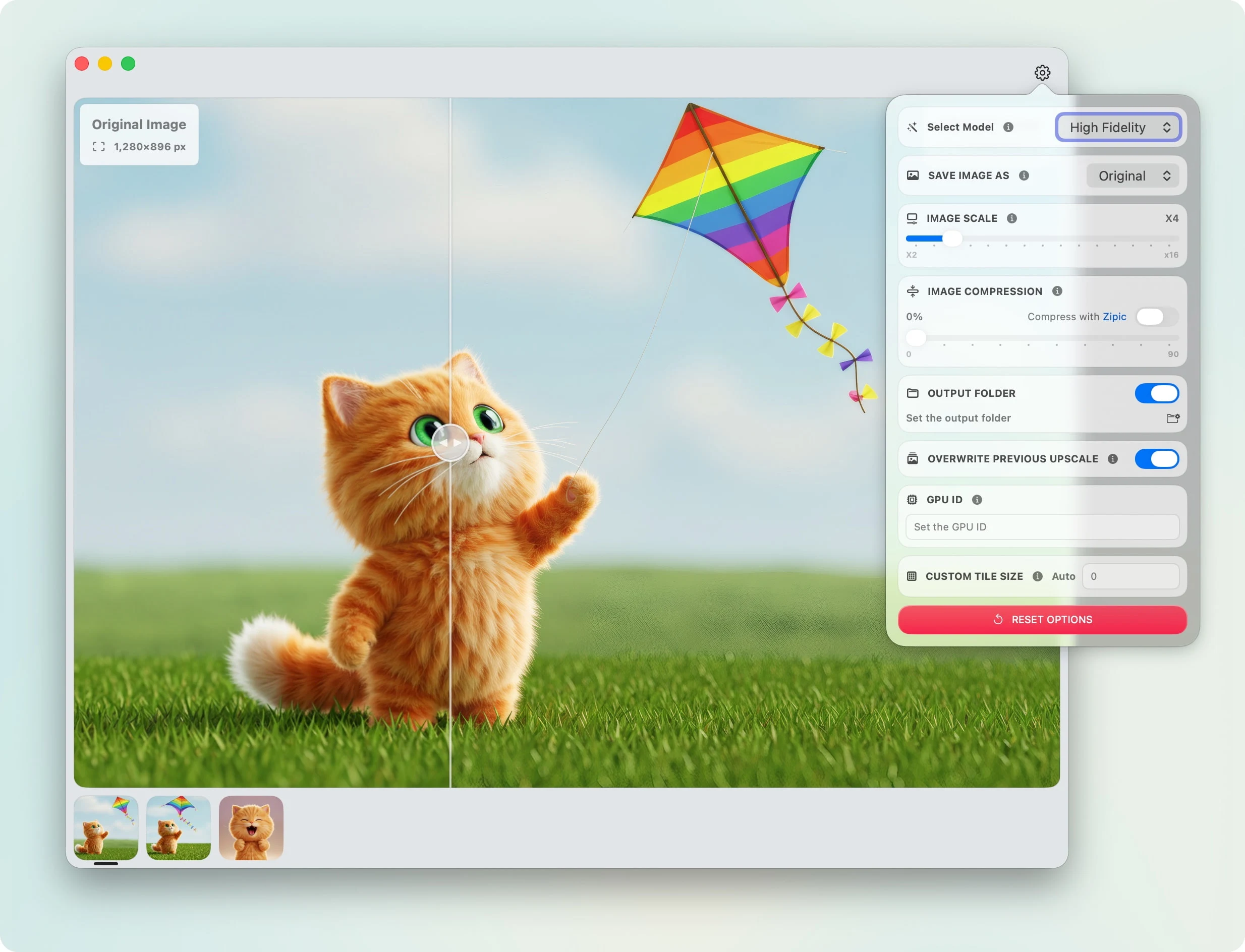 HiPixel:把 AI 放大裝進 8MB Mac 原生 app,丟資料夾自動出圖 3 HiPixel macOS 主視窗的比較檢視器,左側標示 Original Image 1280x896,中央為前後對比滑桿