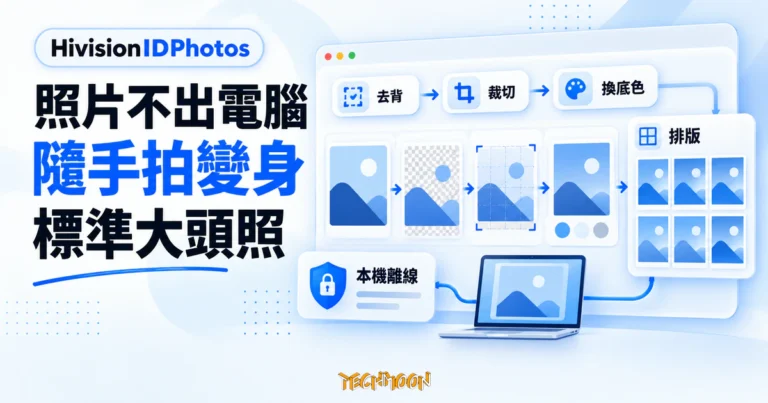 TechMoon 精選圖｜HivisionIDPhotos 開源 AI 證件照工具，本機離線把隨手拍變成標準大頭照的流程示意