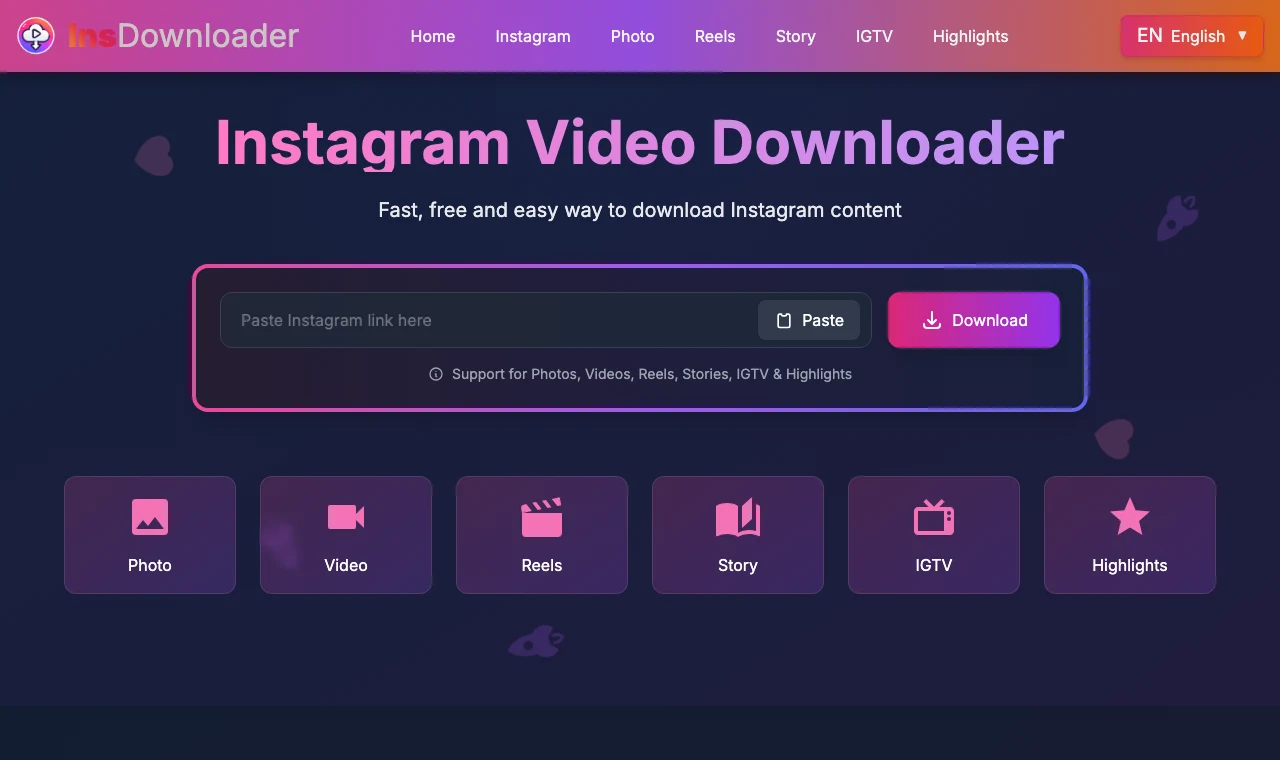 Instagram 下載器 InsDownloader 實測,先看清門面再貼連結 3 InsDownloader 首頁輸入介面與行銷數字