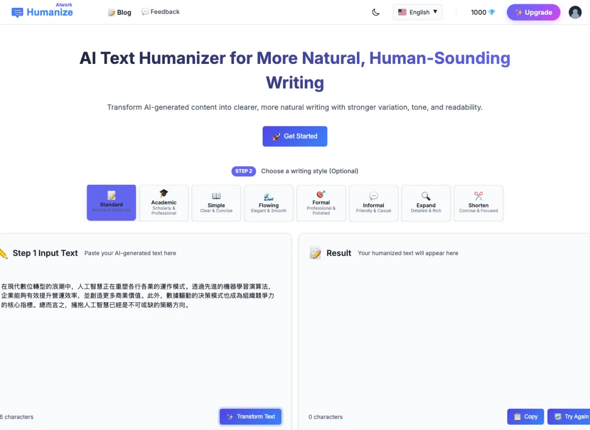 HumanizeAI 去 AI 味工具實測:頁面還在,引擎已斷線 2 HumanizeAI 官方網站的編輯介面截圖,左欄貼入中文測試段落並選定 Standard 風格