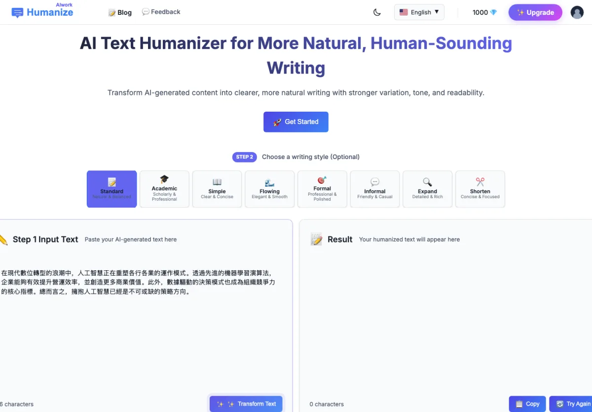 HumanizeAI 去 AI 味工具實測:頁面還在,引擎已斷線 3 HumanizeAI 按下轉換十幾秒後的介面截圖,輸出區仍停留在佔位文字且無任何錯誤提示