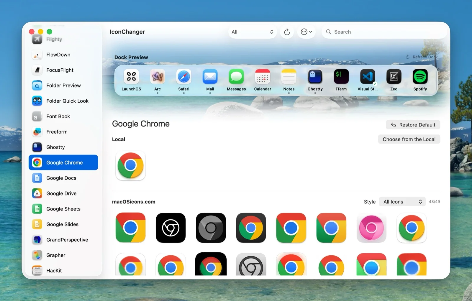 Mac 換圖示工具 IconChanger 開源免費,自訂圖示撐過 App 更新 2 IconChanger 主介面:左側應用程式清單、右側圖示選擇、頂部 Dock 即時預覽