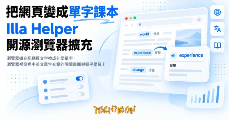 TechMoon 精選圖｜瀏覽器擴充把網頁文字換成外語單字，瀏覽器視窗裡中英文單字交錯的閱讀畫面與懸停學習卡