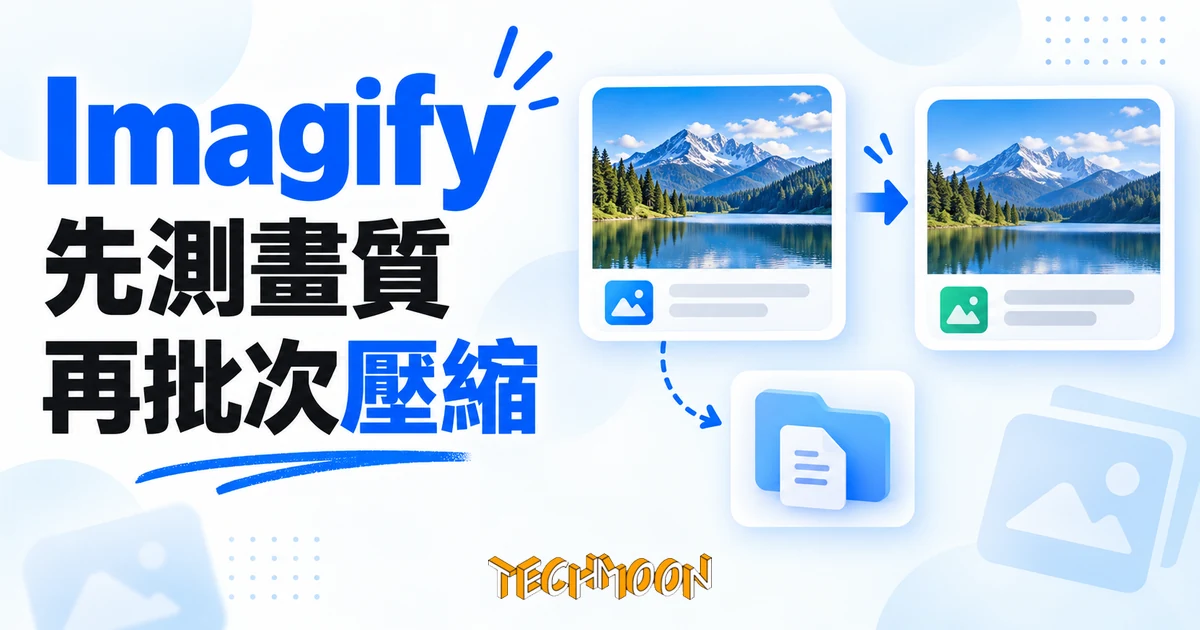 Imagify 圖片壓縮教學:先測畫質再批次處理 1 以原圖、壓縮圖與備份卡片呈現 Imagify 圖片處理流程的概念圖
