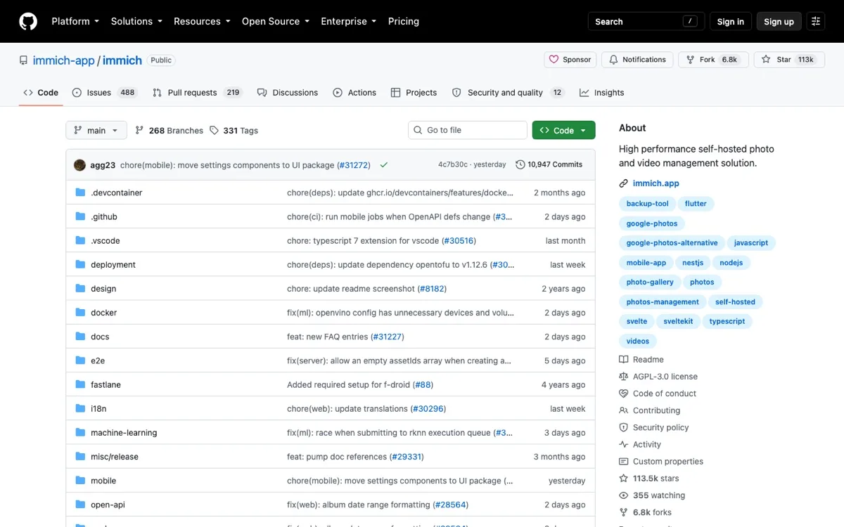 Immich 的 GitHub 開源專案頁面