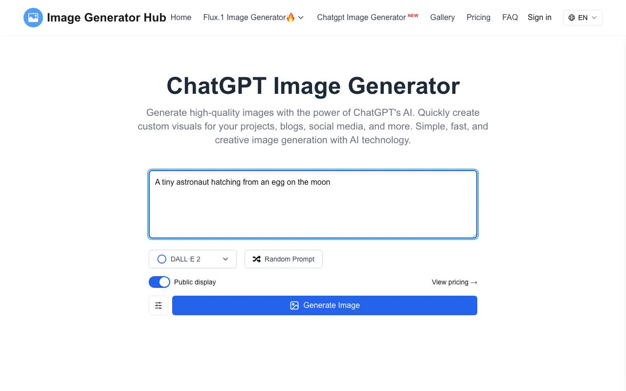 Image Generator Hub 免費 AI 生圖實測,按下生成等不到圖 2 Image Generator Hub 生成頁面,輸入提示詞後按下 Generate Image 按鈕的介面