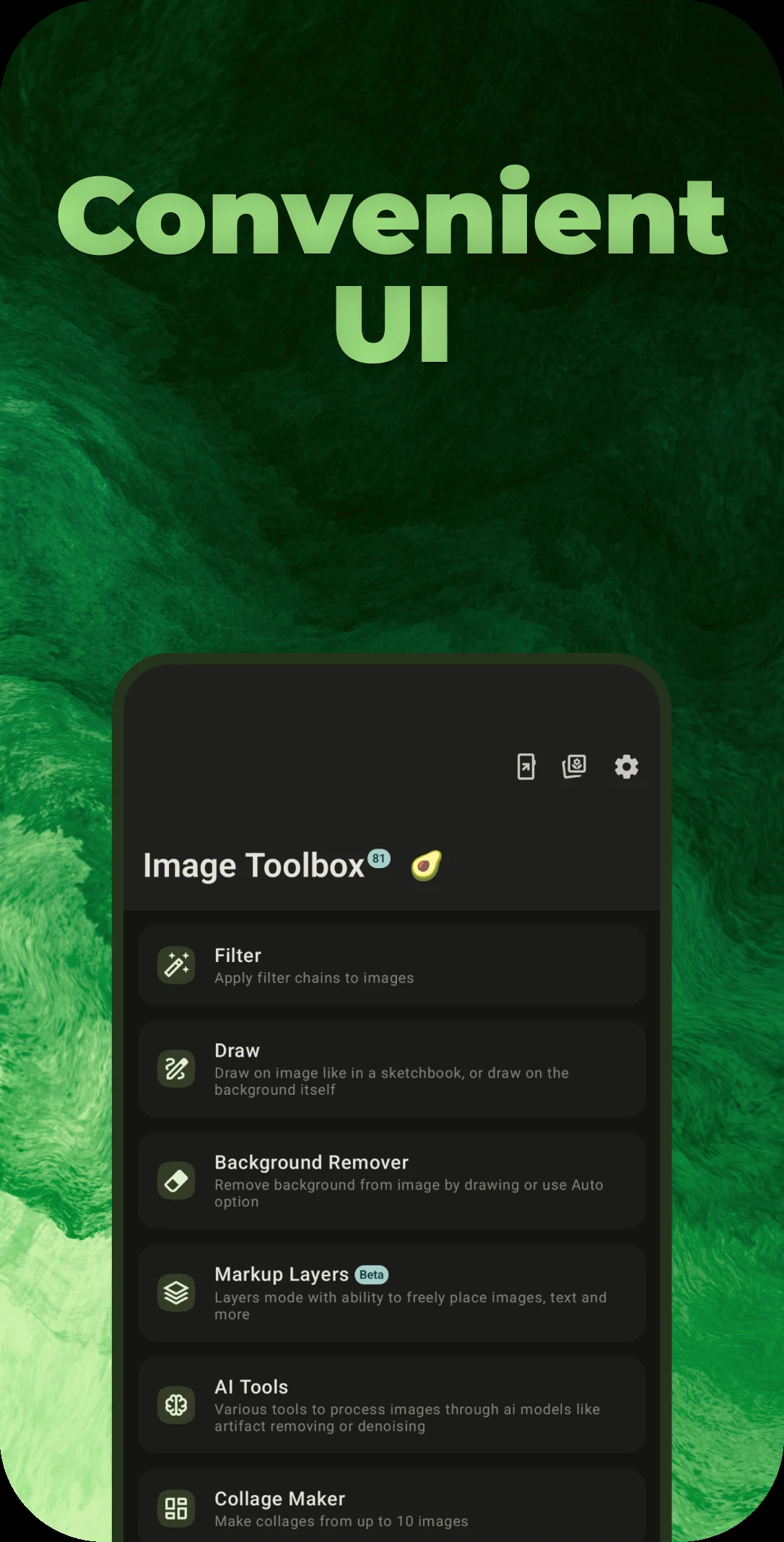 Android 圖片工具箱 ImageToolbox:去背、文字辨識都能離線跑 2 ImageToolbox 主選單畫面,列出濾鏡、繪圖、去背、AI 工具等工具分類(官方 Play 商店截圖)