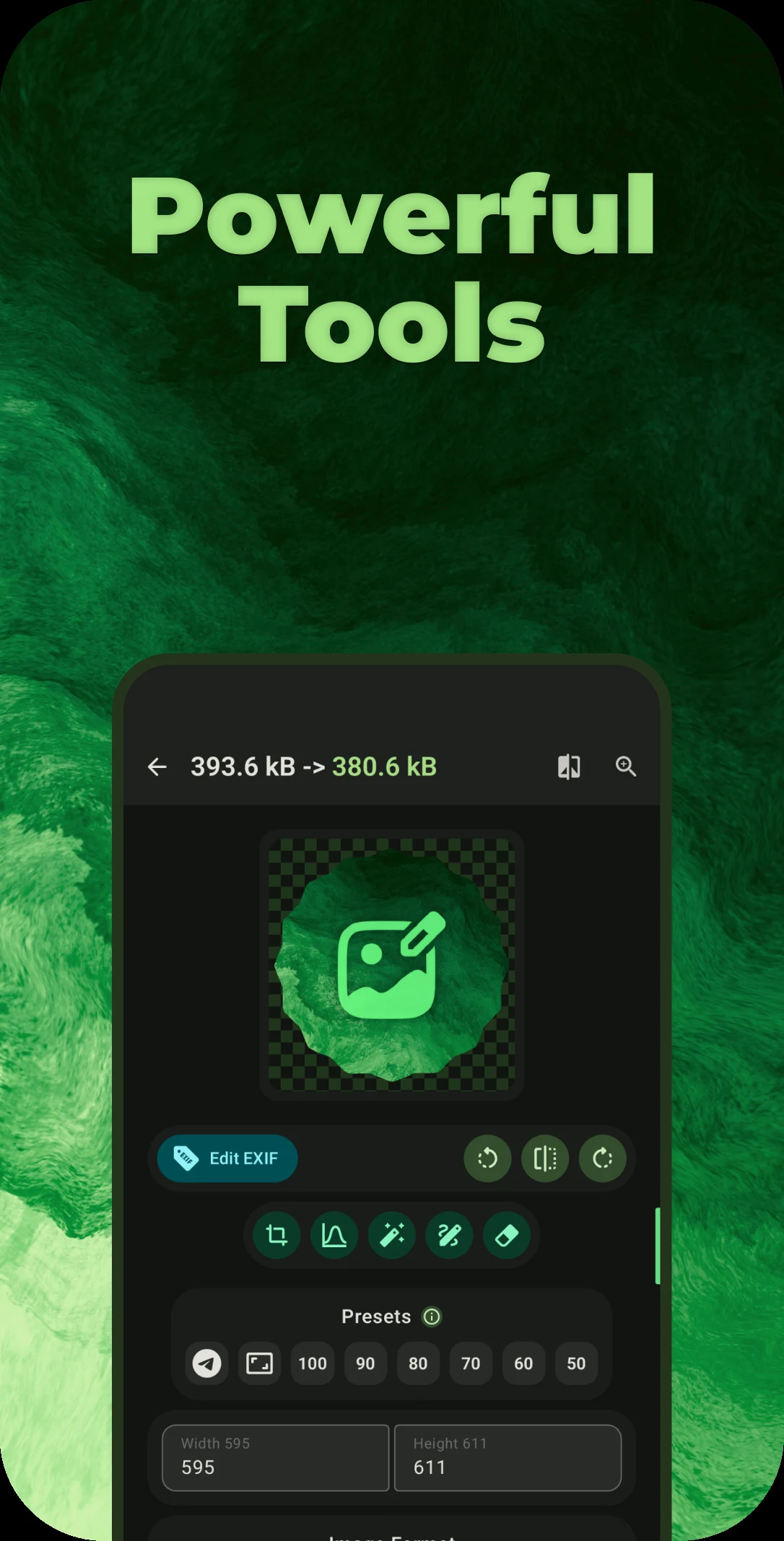 Android 圖片工具箱 ImageToolbox:去背、文字辨識都能離線跑 3 ImageToolbox 圖片壓縮工具畫面,可設定尺寸、品質與 EXIF 編輯(官方 Play 商店截圖)
