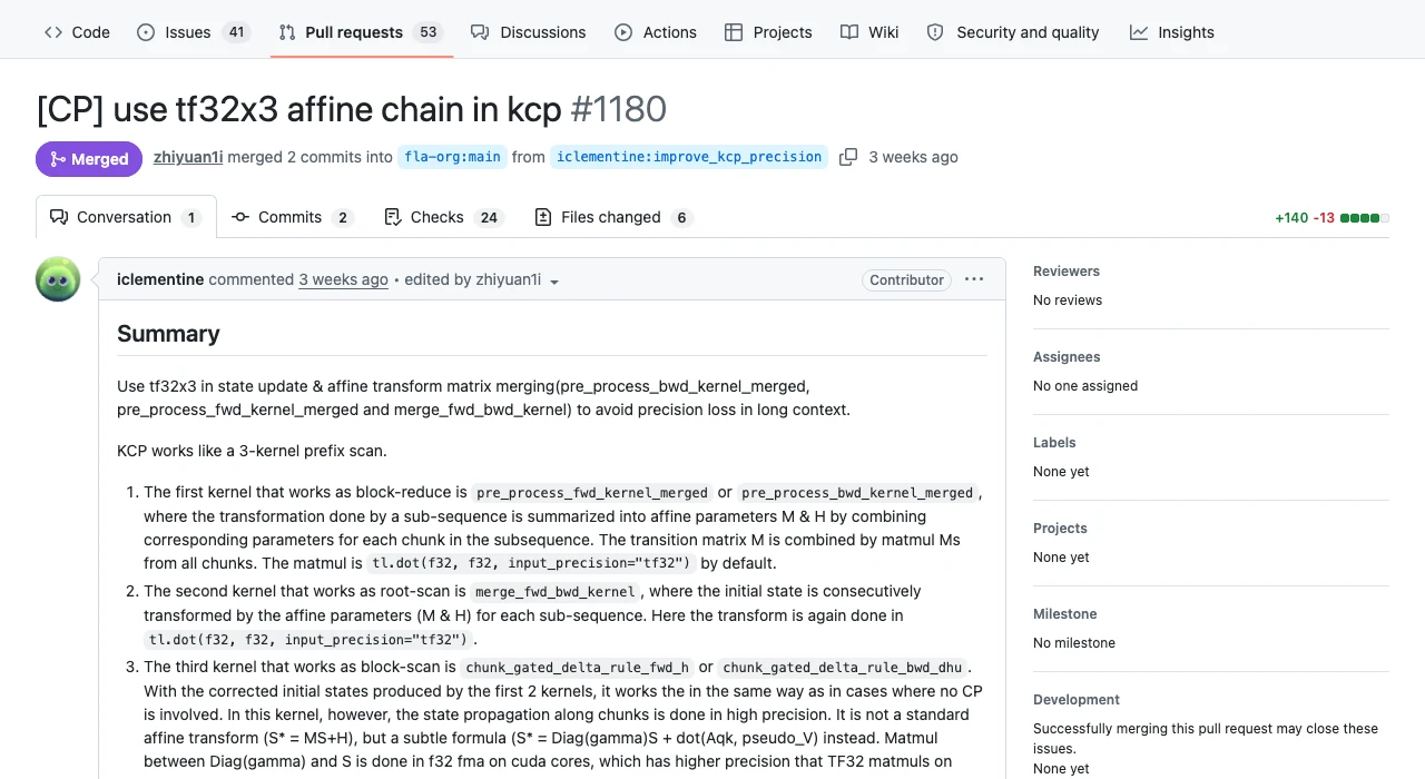 智譜 RSI 報告:GLM-5.3 調校自己的推論系統,吞吐達三倍 3 GitHub 上 flash-linear-attention 的 PR 1180 頁面,標題為 use tf32x3 affine chain in kcp,狀態顯示 Merged
