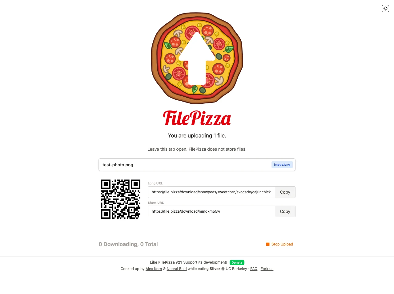 FilePizza 點對點傳檔實測:檔案不經伺服器,代價在連線層 2 FilePizza 上傳端頻道頁:QR code 加長短兩條下載網址