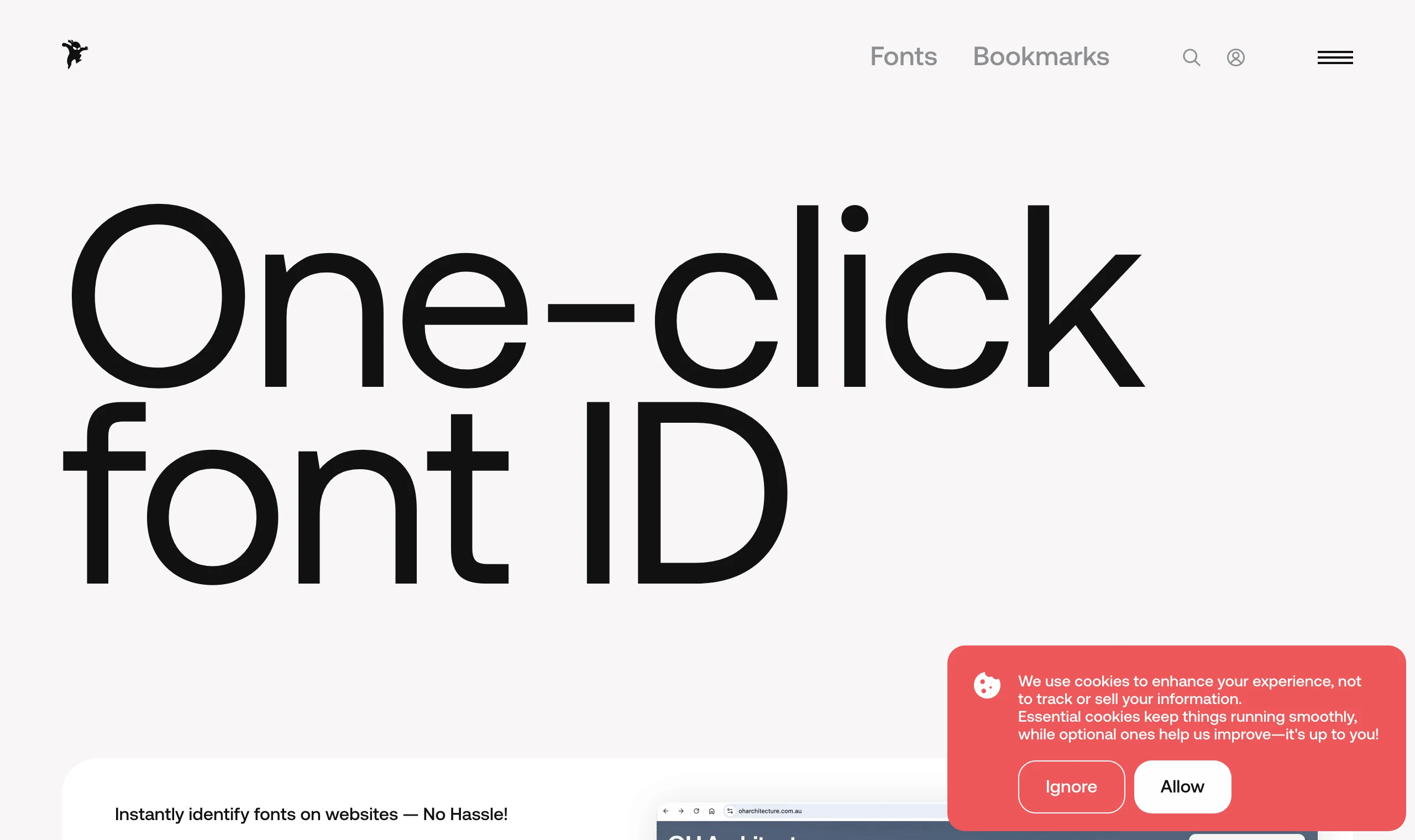 Fonts Ninja 官方工具頁，標題 One-click font ID，右側展示在網頁上辨識字型的示範畫面