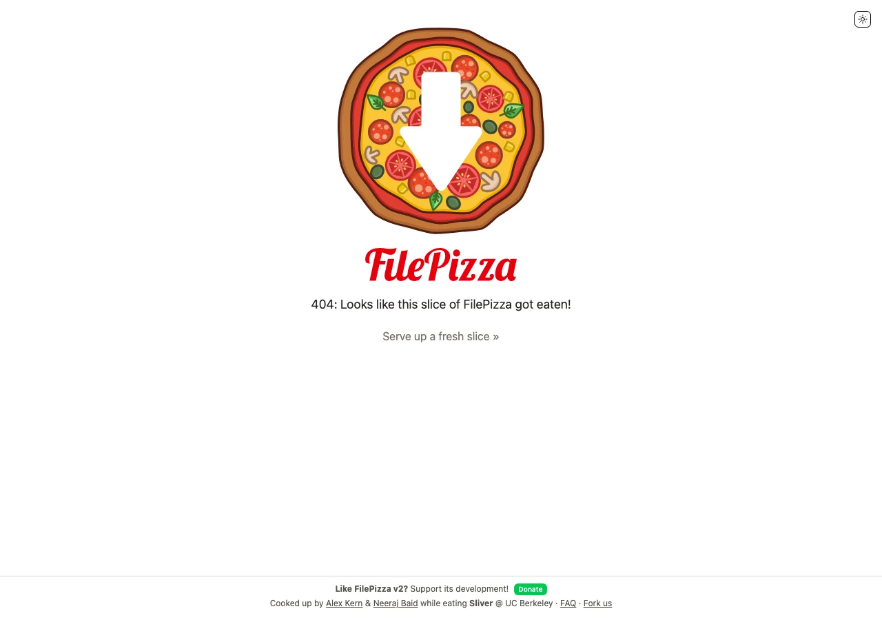 FilePizza 點對點傳檔實測:檔案不經伺服器,代價在連線層 3 FilePizza 下載連結被銷毀後的 404 頁面