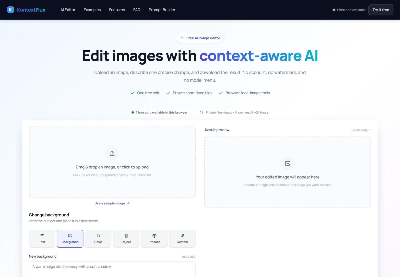 FLUX Kontext 是什麼?一句話改圖的 AI 模型與免費使用管道 4 KontextFlux 網站首頁的編輯介面